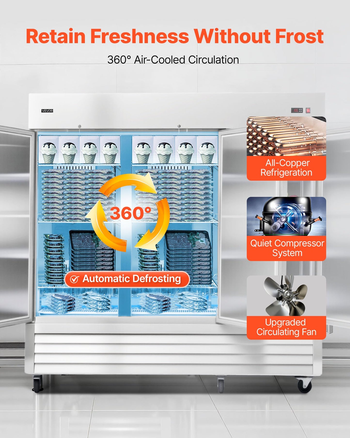 VEVOR Commercial Reach-In Freezer 85" W, 69 Cu.Ft Stainless Steel Upright Freezer with Three Doors, Auto-Defrost, 12 Adjustable Shelves, -11 to 14℉ Temp Control, ETL Certified