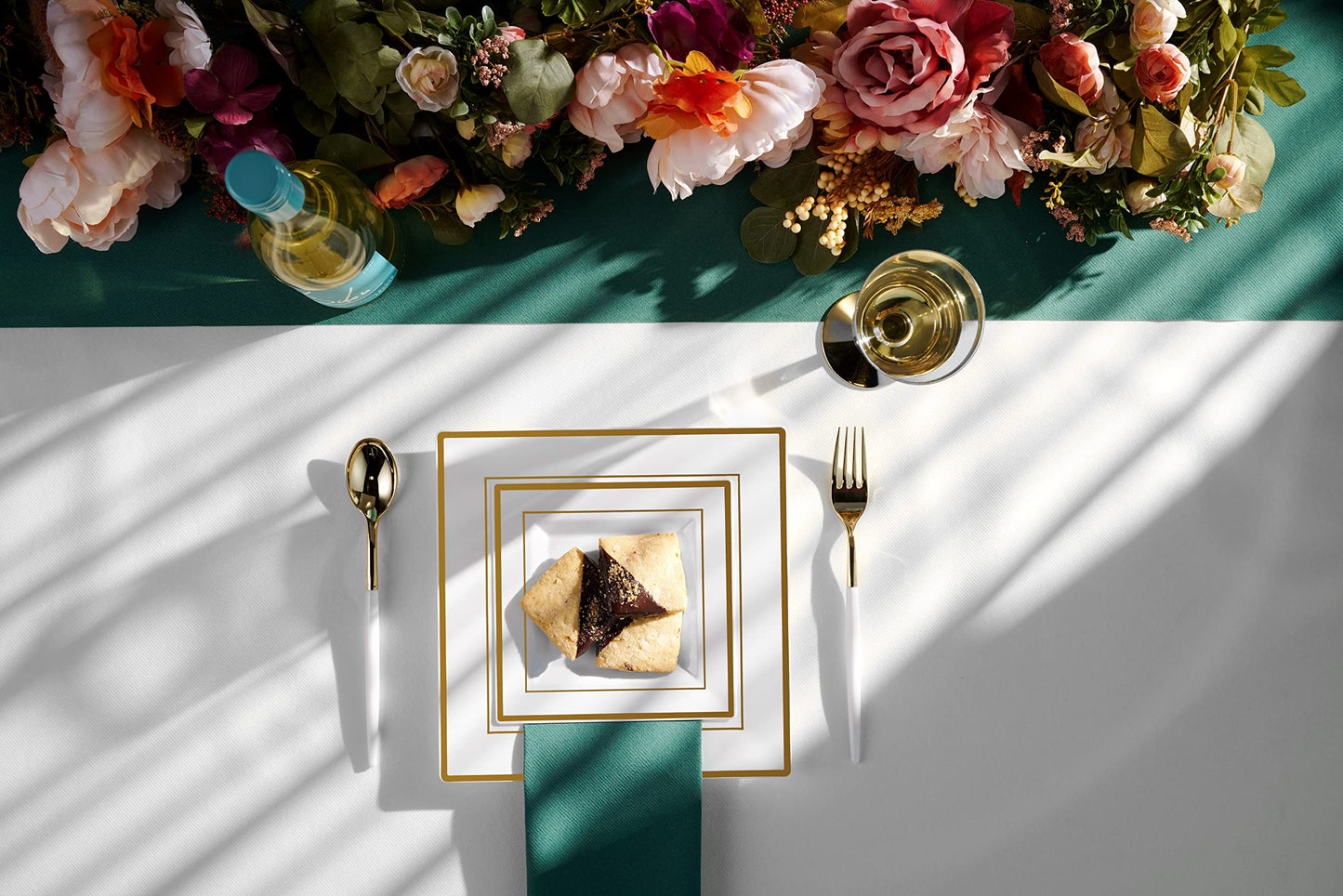 Gold Disposable Plates Set For 50 Guest - 350 Piece Gold Plastic Dinnerware Set - 100 Gold Rimmed Square Plastic Plates, 50 Gold Rimmed Plastic Cups, 50 Paper Napkins, 50 Gold Silverware Set