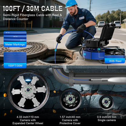 Sewer Camera with 512Hz Transmitter, Self-Leveling Drain Camera 100ft with Meter Counter, 9" HD Plumbing Camera Snake with 12 LED Lights, 5100mAh Battery, IP68 Waterproof, 32GB DVR for Pipe Inspection