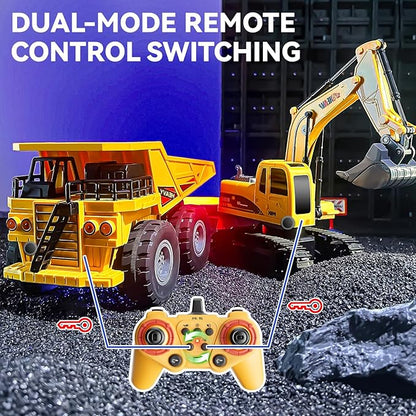 RC Excavator and Dump Truck Toy Set for Kids - 11 Channel Remote Control Construction Vehicle with Lights and Sounds Music 2.4Ghz Rechargable Digger Car Gifts for Boys Kids Ages 6-8