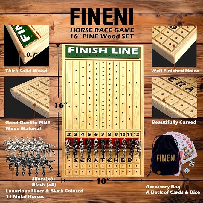 Horse Racing Game for Adults Luxurious Metal Horses (Silver Black) on 16' Pine Wood Board Dice &amp Card Included
