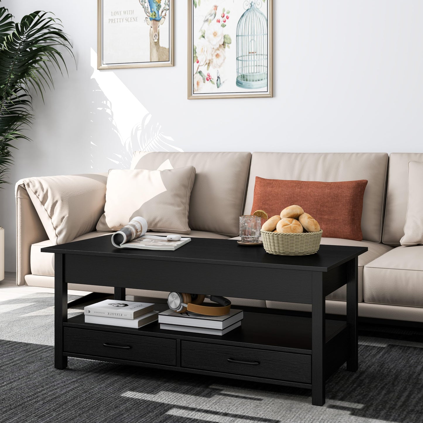 Panana Coffee Table, Lift Top Coffee Table with Hidden Compartment, 2 Drawers and 1 Open Shelf, Retro Central Wooden Table Lift Tabletop for Living Room (Black)
