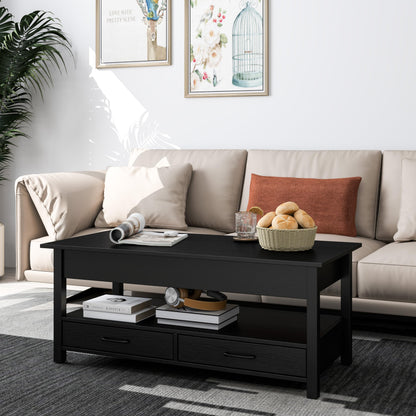 Panana Coffee Table, Lift Top Coffee Table with Hidden Compartment, 2 Drawers and 1 Open Shelf, Retro Central Wooden Table Lift Tabletop for Living Room (Black)