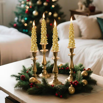 Ceoighe 2 Pack Christmas Tree Candles, 5 Inch Unscented Tree Shaped Taper Beeswax Candles for Christmas Holiday Decor Table Centerpiece Display Party Banquet Gift (Gold)