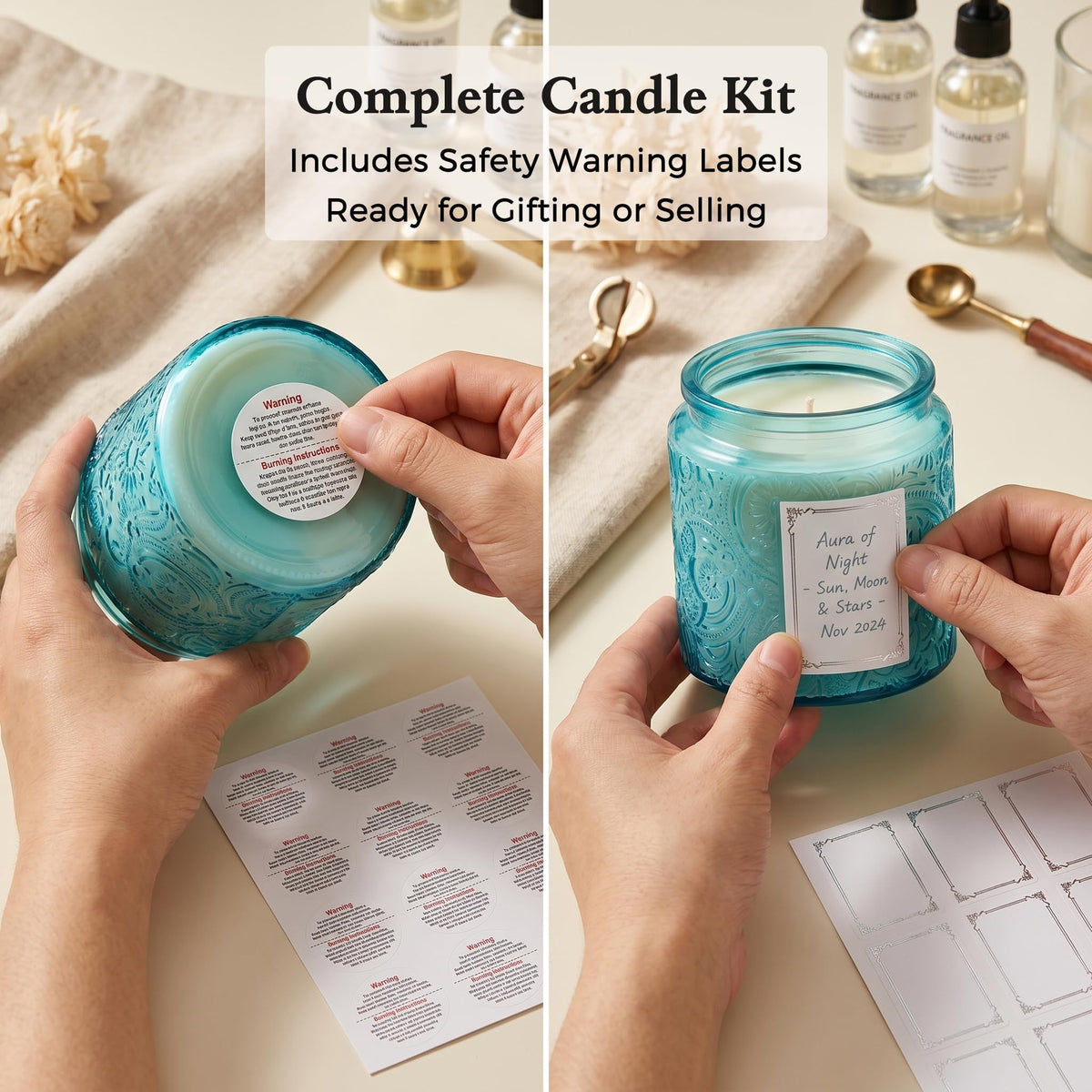10 oz Embossed Glass Candle Container with Bamboo Lids and Labels, Clear Candle Jars for Making Candles, Sun Moon Stars Design - Pack of 9 (Blue)
