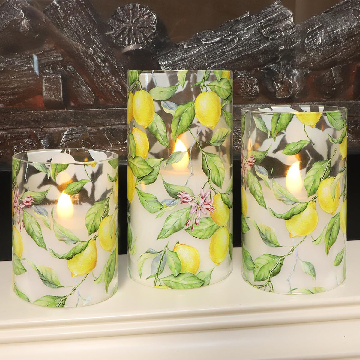 FLAVCHARM Lemon Glass Flameless Candles with Remote Timer Battery Operated LED Flicker Real Wax Pillar Candles Spring Summer Lemonade Party Kitchen Table Dinner Christmas Holiday Decor D3 x H4, 5", 6"
