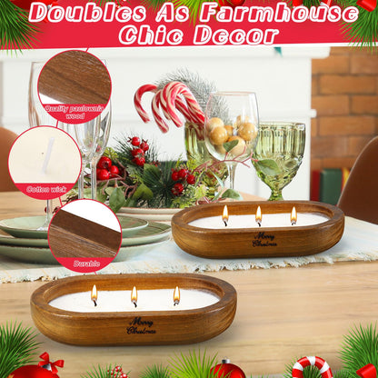 MTLEE 2 Pack Dough Bowl Christmas Candle Wood Candle 9.4 x 5.7 x 1.8 Inch Scented Candles for Home Wooden Candle Bowl 3 Wick Decorative Candles for Home Decor Farmhouse Gift for Christmas