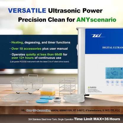 ZKI 10L Digital Ultrasonic Cleaning Machine, Adjustable Heater/Intensity/Timer Ultrasonic Cleaner, Degas Mode, Low-Noise, 12+ Hrs Run Time, Ideal for Jewelry, Lab, Glasses, Dentures, Ind. (110V/600W)