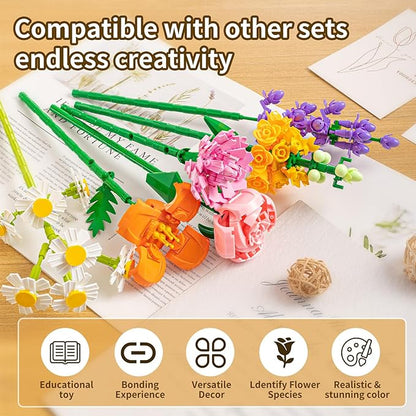 Flower Bouquet Building Blocks Set - Artificial Flowers with Roses for Home Decor Unique Gift for Her or Him for Mother's Day Birthday Gift DIY Mini Micro Bricks Kits with Vase