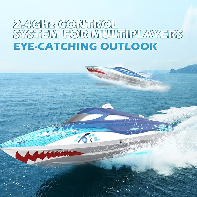 DEERC Full Proportional Remote Control Boat with LED Lights Shark Graffiti 20+ MPH2.4GHz High Speed RC Racing Boats for LakesPool Toys for Kids &amp Adults