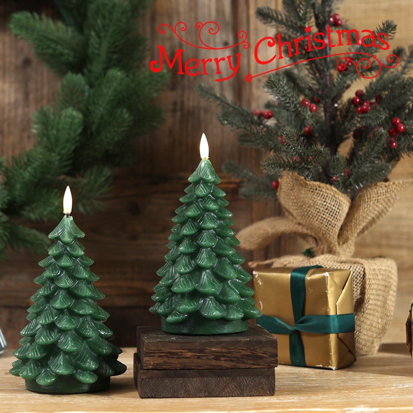 LUSHARBOR Flameless Candles with Remote Timer, 2 Pack Christmas Tree Candles Battery Operated LED Candles Real Wax Holiday Christmas Decoration for Bedroom Party Festival Gift Green