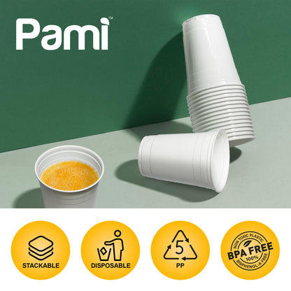 PAMI White Plastic Party Cups [Pack of 50] - 16oz Disposable Drinking Glasses- For Iced Tea, Smoothies, Punch, Beer, Cocktails - Beerpong Cups