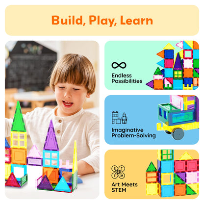 PicassoTiles 101 PCs Magnetic Tiles Building Blocks with Car & Drawstring Carry Bag Toy Storage Magnet Block for Toddlers Kids STEM Toy Set Educational Tile Learning Brain Development Ages 3+ PC101