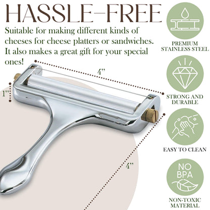 Bellemain Stainless Steel Wire Cheese Slicer - Hand Held Cutter for Cheddar, Gruyere, Raclette, Mozzarella Block, Adjustable Shaver, Thick & Thin Slicer, Curler (Silver)