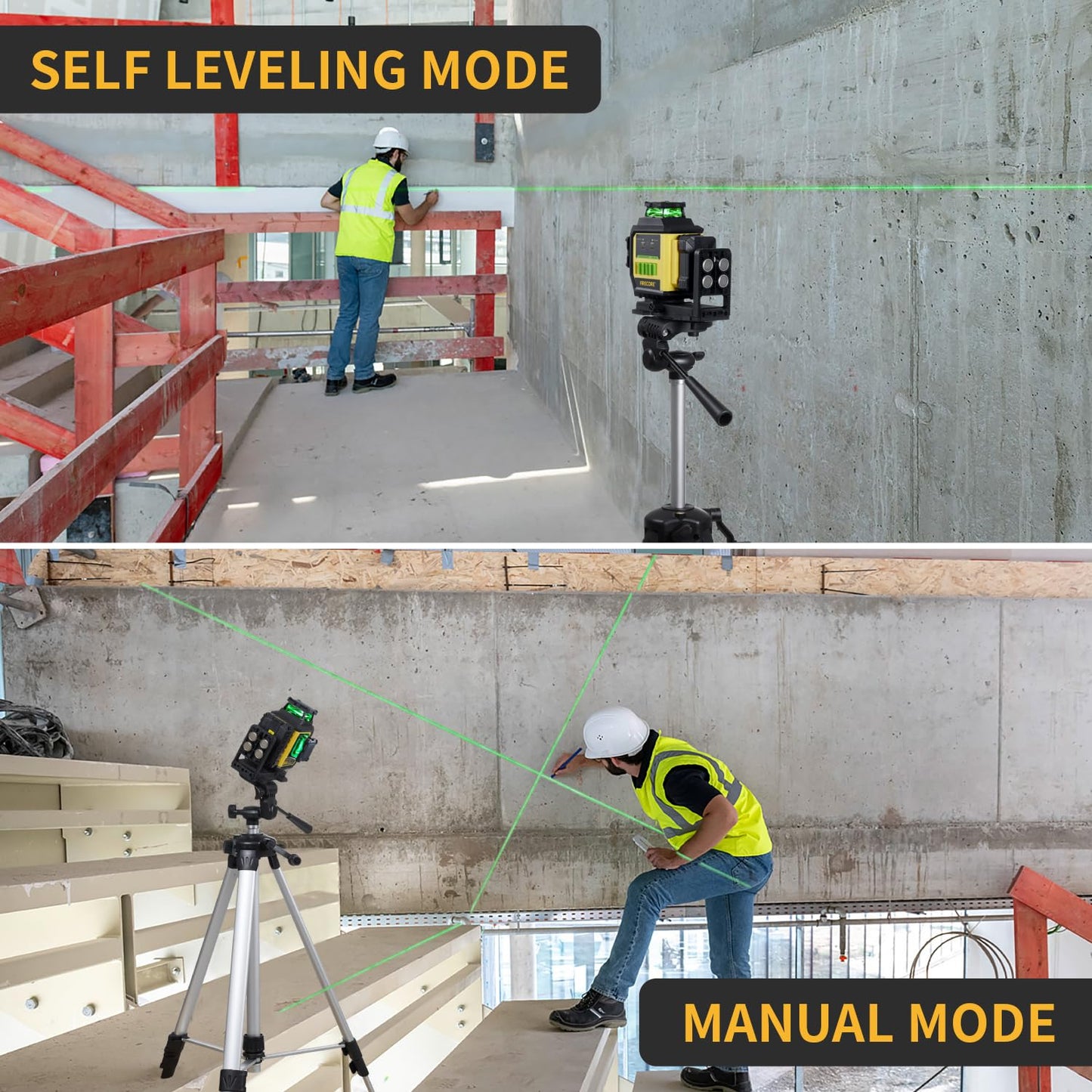 Firecore Laser Level 360 Self Leveling with 60" Tripod, 1/13" High Accuracy, Outdoor Pulse Mode to 197 Ft, Rechargeable Green Cross Line Lazer Leveler Tool for Construction, Home Renovation - F95T-XG