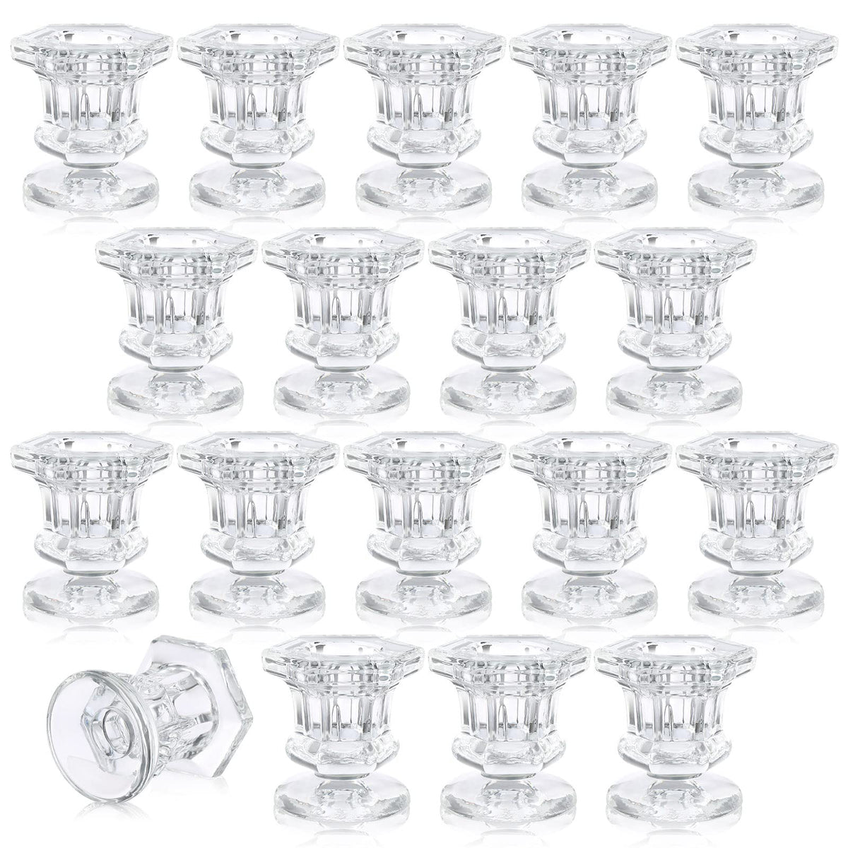 Potchen 18 Sets Glass Candle Holders Bulk Wedding Crystal Candlestick Holders Taper Candle Stands Table Centerpiece for Wedding, Baby Shower, Birthday Party Decorations(Clear,18 Pieces)