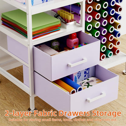 KEIKI Large Foldable Heat Press Table with Storage and Pegboard, Rolling Heat Press Stand with Vinyl Holder and Drawer, Heavy Duty Metal Craft Workbench for Sublimation Transfer, White