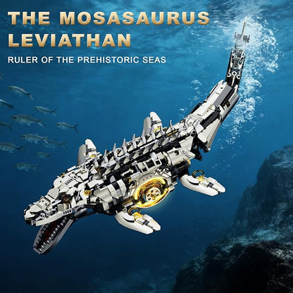 Mechanical Mosasaurus Building Set for Adults Dinosaur Building Block Set Compatible with Lego 1413PCS Ocean Animal Collection Toy with Display Stand and Light Home Office Decor Idea Gift
