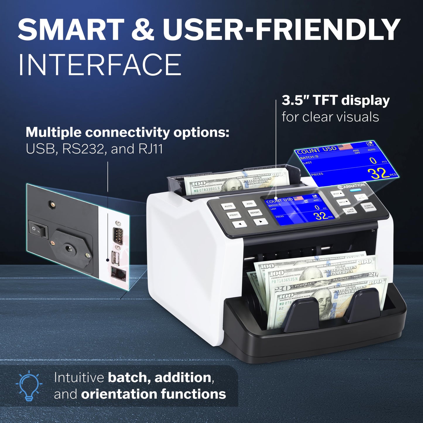 CARNATION Money Counter Machine – Cash Counting & Mixed Denomination Bill Counter, Portable Currency Detector, Counterfeit Bank Scanner, Dollar Sorter for Commercial, up to 1200 N/M, UV/MG/MT/IR/CIS