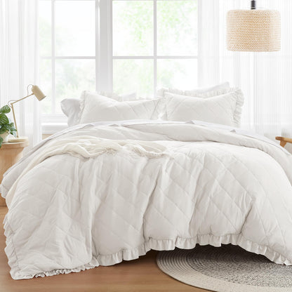 Comfort Spaces Ivory King Duvet Cover Set - 3 Pieces Ruffle Diamond Quilted Duvet Cover, All Season Lightweight, Cotton-Like Softness Pre-Washed Microfiber King Bedding Cover & Shams, King