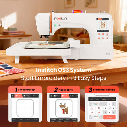 PooLin EOC06 Embroidery Machine,11"x7.9",7.9"x7.9",5.5"x5.5" Embroidery Area,Computerized Embroidery Machine for Beginners Gifts,7" Touchscreen,200 Built-in Designs,USB & Wireless