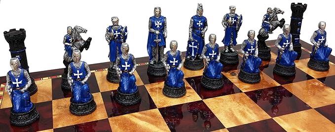 Medieval Times Crusades RED &amp Blue Maltese Knight Set of Chess Men Pieces Hand Painted - NO Board