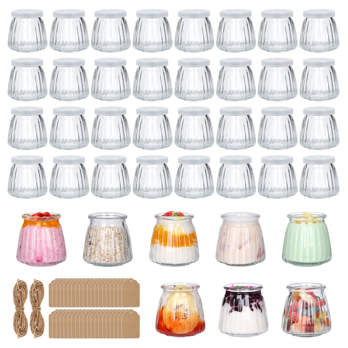 4oz Small Glass Jars 40Pack, Clear Glass Pudding Jars with PE Lids and Tags, Spice Jars/Glass Jelly Jars/Yogurt Jars/Small Jars with Lids (Set of 40)