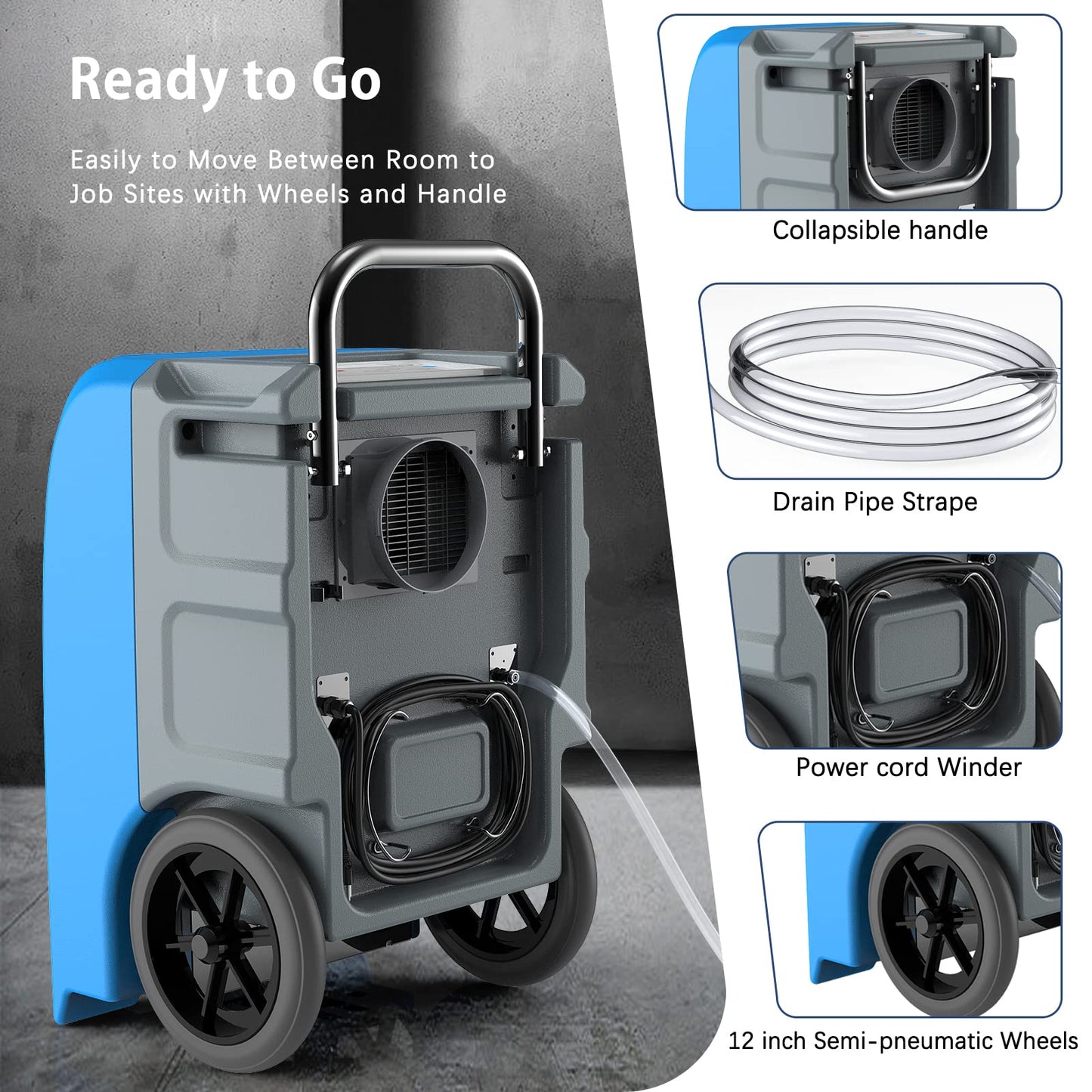 LUKO 190 PPD Commercial Dehumidifier with Built-in Pump & Hose, for 8000 Sq Ft Large Space，Basements, Crawl Spaces, Warehouse, Water Damage Restoration, 5-Year Warranty