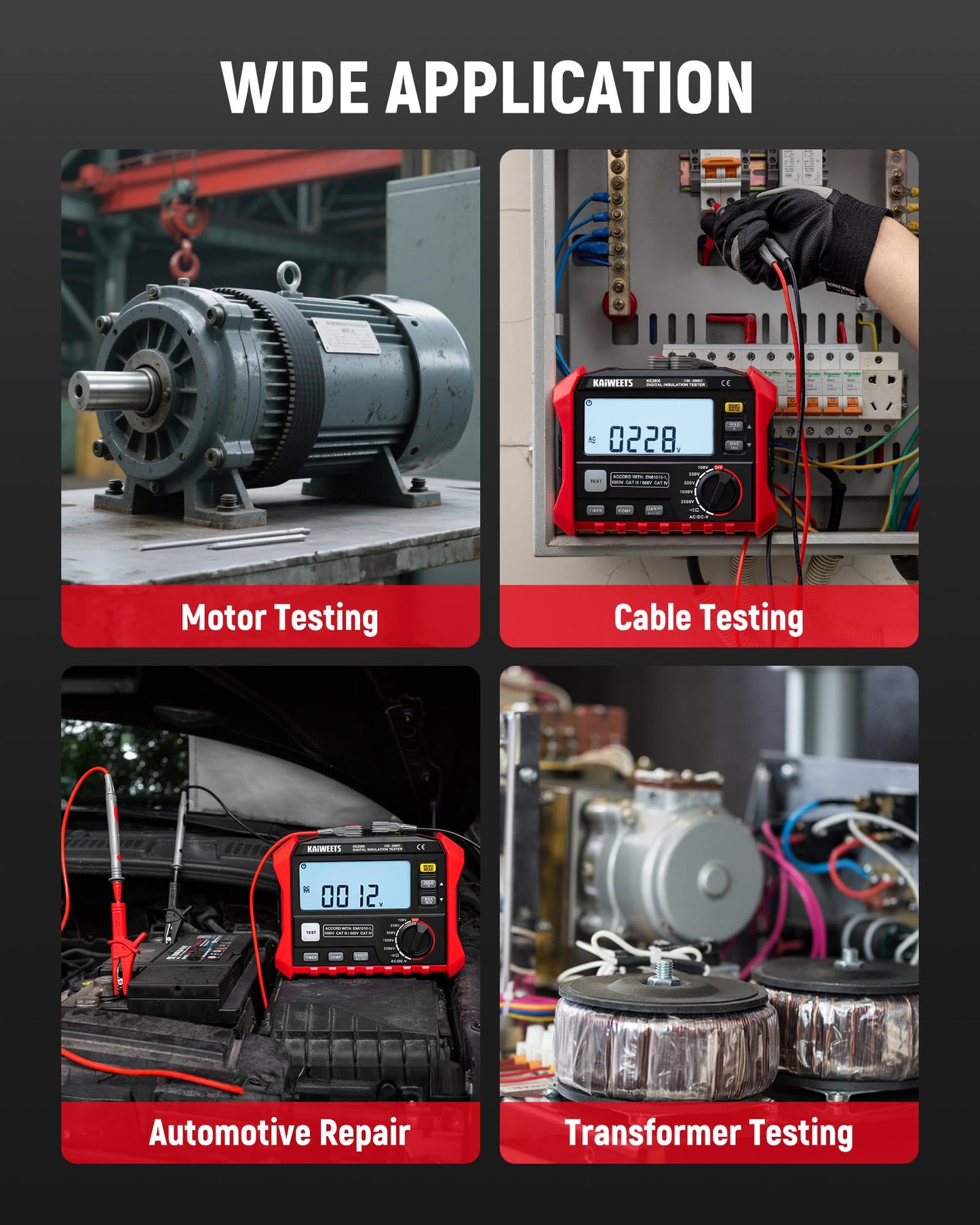 KAIWEETS Insulation Resistance Tester, Up to 200GΩ, Pro Megohmmeter, 5 Range 100V/250V/500V/1000V/2500V, One-Toch DAR/PI, Max/Min, Measures Resistance, AC/DC Voltage for HVAC, Motors, Solar, KE2500