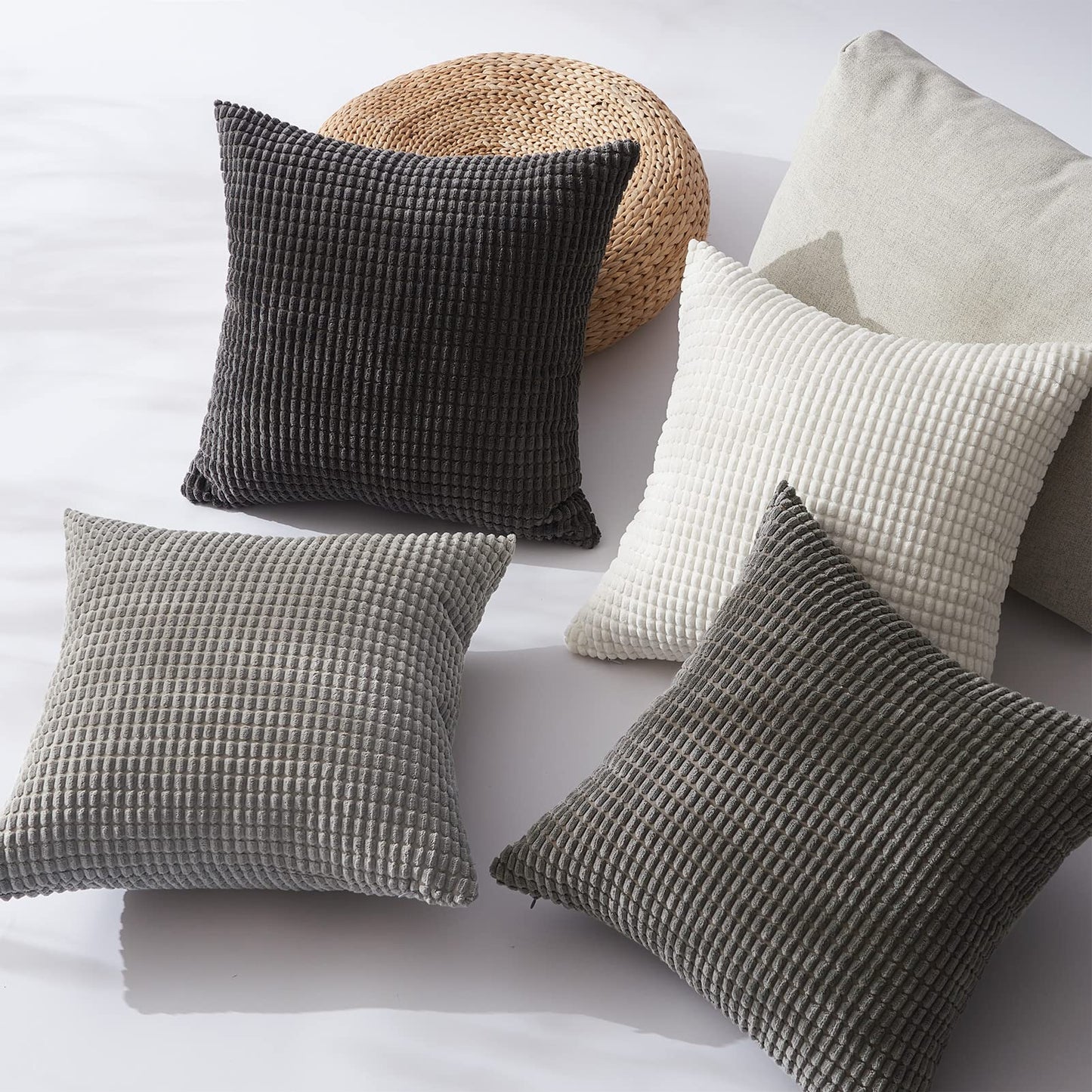 Topfinel 4 Packs Grey Decorative Throw Pillow Covers 24x24 Inch for Living Room Couch Bed Sofa, Boho Western Farmhouse Home Decor, Square Soft Moss Corduroy Fall Cushion Case 60x60 cm