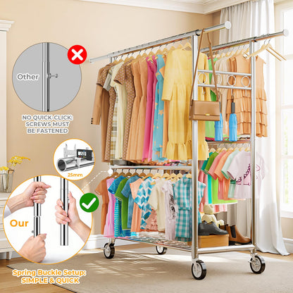 Heavy Duty Clothes Rack Load 1060LBS, Four Rods Rolling Clothing Racks for Hanging Clothes, Rolling Garment Rack With Sturdy Wheels Shelves Hooks, Portable & Adjustable Commercial Garment Rack, Silver