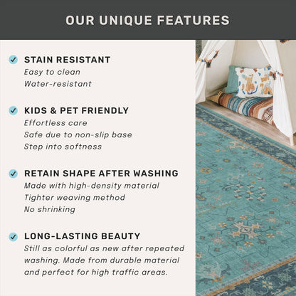 Skiennix Washable Large Teal Boho Living Room Rug - Soft Floral Design, Non-Slip & Stain Resistant, 10x12