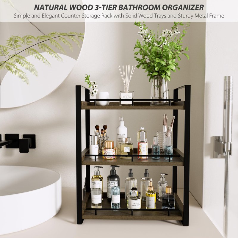 CeleVista Bathroom Counter Organizer, 3 Tier Wood Countertop Shelf for Vanity, Skincare, Makeup, Kitchen Coffee and Sink Storage, with Durable Metal Bracket (Dark Brown)