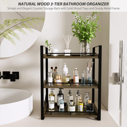 CeleVista Bathroom Counter Organizer, 3 Tier Wood Countertop Shelf for Vanity, Skincare, Makeup, Kitchen Coffee and Sink Storage, with Durable Metal Bracket (Dark Brown)