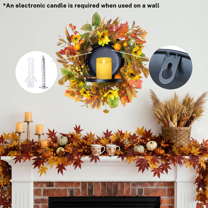 MOYEE Autumn Candle Holder Centerpieces for Tables,Candle Ring, Black Metal Candlestick with an Artificial Wreath 14 in Versatile Dining Table Centrepiece (Yellow Sunflower Wreath)