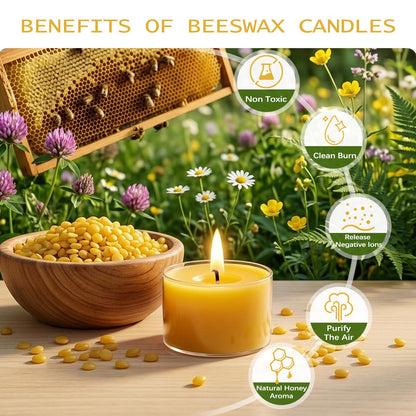 8 Hours Beeswax Tealight Candles-12 Packs - Natural Beeswax Tea Candles in Clear Cup | Smokeless Beeswax Tealights for Home Decor, Fragrance, Relax, Air Purify