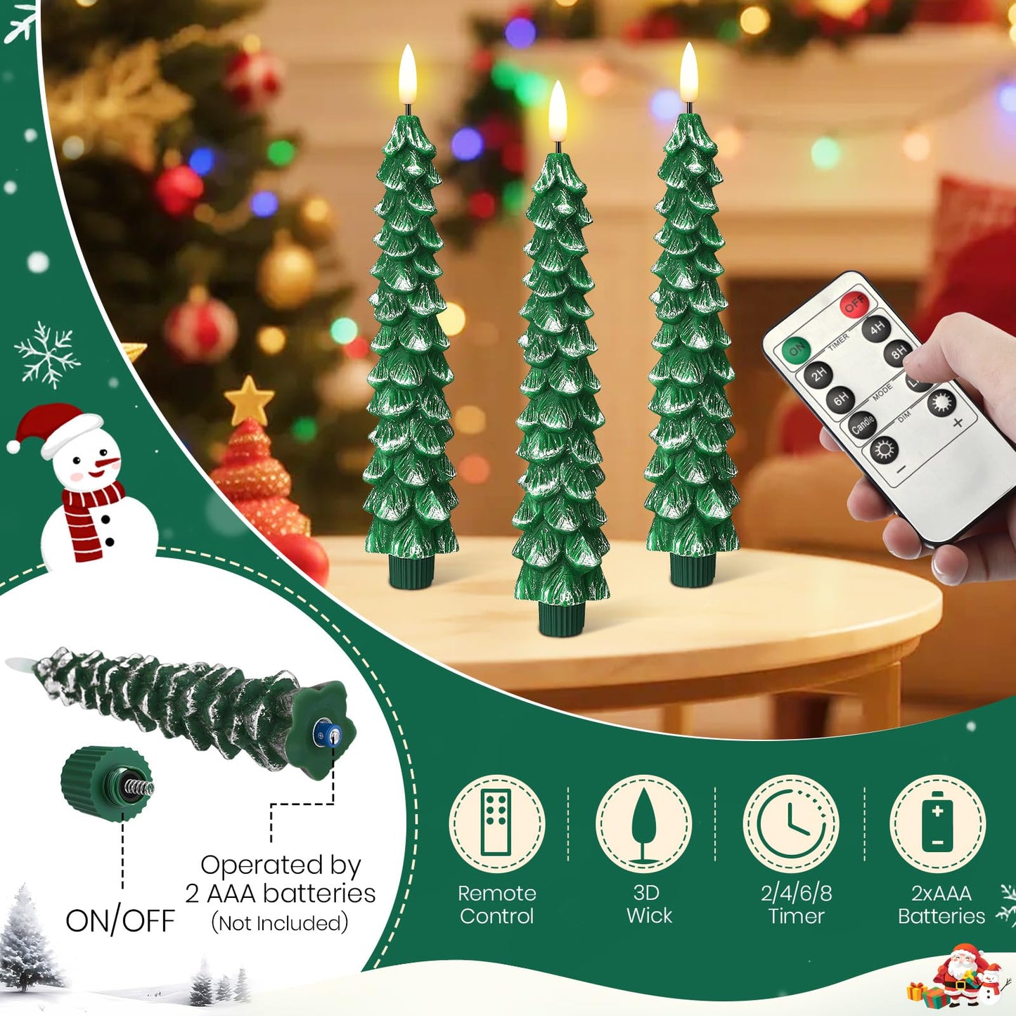 Enhon 3 Pcs Christmas Tree Flameless Taper Candles Battery Operated with Remote and Timer, Real Wax LED Candles, Warm 3D Wick Flickering Lifelike Leaves, Xmas Dinner Holiday Decoration(Green, Silver)