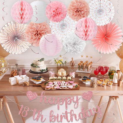 Vlipoeasn Pink White Rose Gold 18th Birthday Decorations, 18th Birthday Paper Lanterns, Tissue Pom Poms Fan,Honeycomb Ball, Happy 18 Year Old Party Supplies for Girls