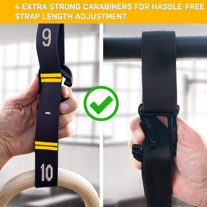Double Circle Gymnastics Rings with Quick Adjust Numbered Straps and Exercise Videos Guide - Full Body Gym Rings - Calisthenics Rings Wooden Rings 1.25"