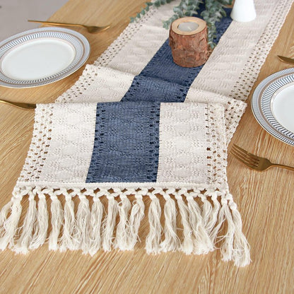 FEXIA Boho Table Runner 90 Inches Long with Tassels Farmhouse Rustic Cream & Blue Macrame for Dining Bedroom Baby Bridal Shower Decor(12x90 Inches)
