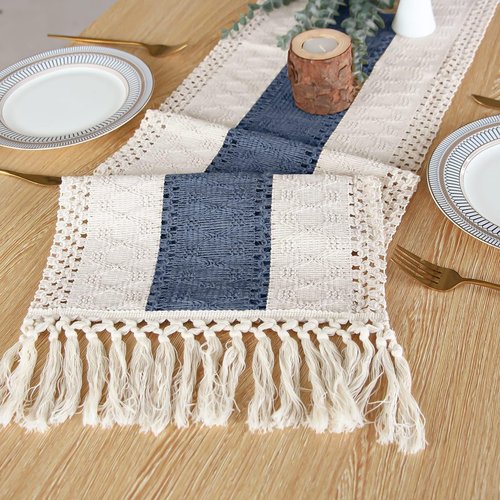FEXIA Boho Table Decor 48 Inch Cream & Blue Macrame Runner with Tassels for Boho Dining & Bedroom Decor Rustic Bridal Shower (12x48 Inches)