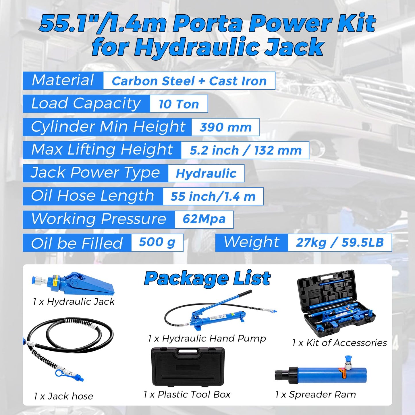 10 Ton (22046 lbs Capacity) Hydraulic Porta Power Kit, Multifunctional Auto Body Frame Repair Jack with 4.6 Ft Oil Hose & Storage Case, Heavy Duty Hydraulic Jack for Car Truck SUV Garage