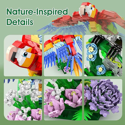 Parrot Building Sets Easter Rotating Flower Base 1176 PCS Mechanical Flapping Bird Model Creative Display Gift Christmas Birthday Ages 14+