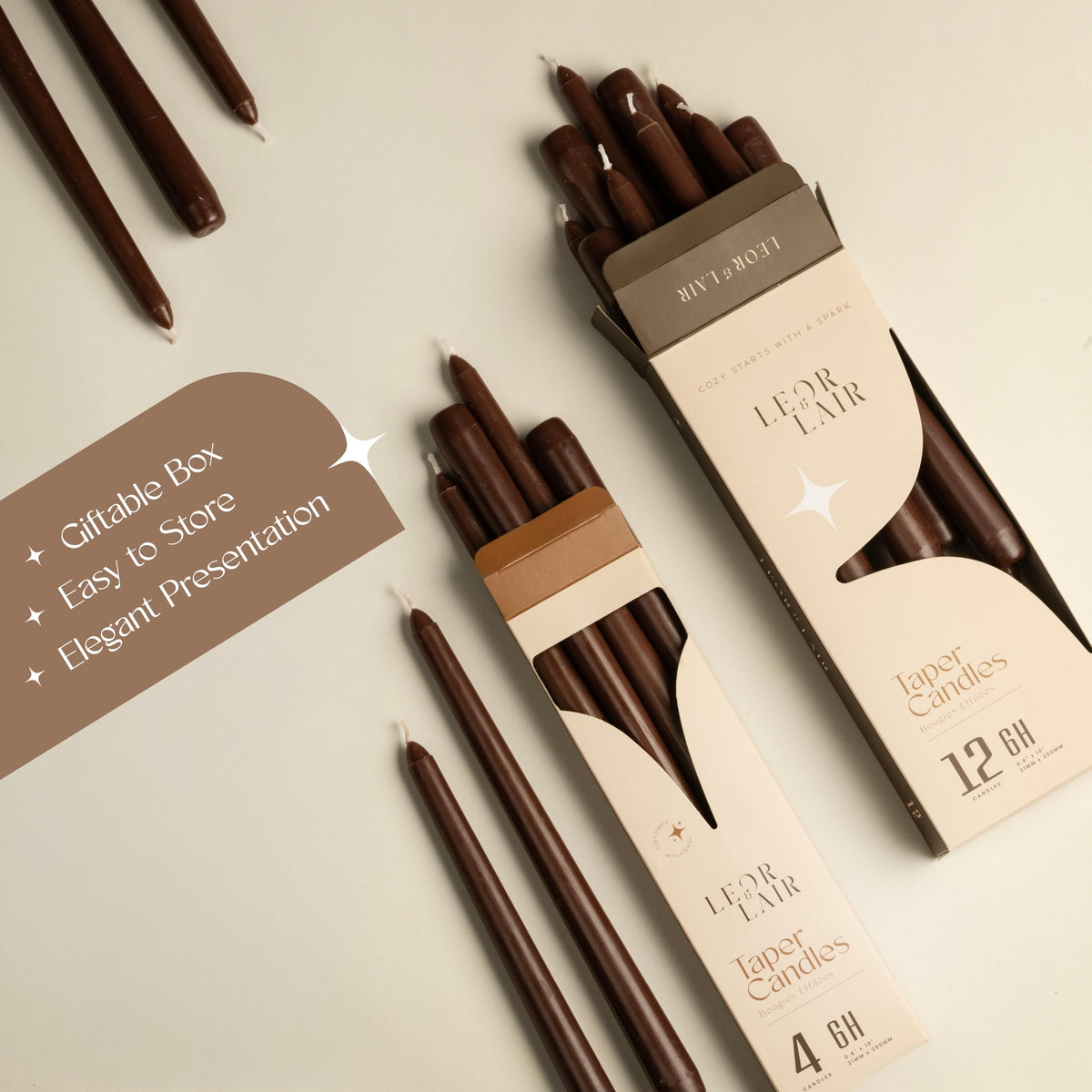 Leor & Lair Brown Taper Candles - 12 Pack 10" Brown Candlesticks - Unscented Long Burning Candle Sticks for Farmhouse Decor, Dinner Table, Holidays, Fall Weddings & Events