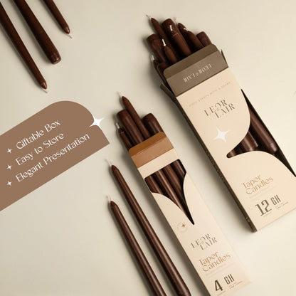 Leor & Lair Brown Taper Candles - 12 Pack 10" Brown Candlesticks - Unscented Long Burning Candle Sticks for Farmhouse Decor, Dinner Table, Holidays, Fall Weddings & Events