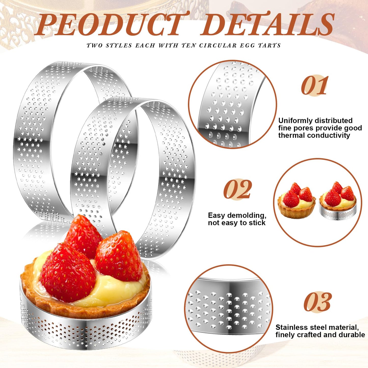 Mumufy 20 Pcs Perforated Tart Rings Round Stainless Steel Tart Rings for Baking Nonstick Metal Round Cake Ring for Pastry French Dessert Mousse Food Crisp Home Food Making Tool (4'')