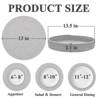 Round Placemats Set of 6 with Holder, Cotton Rope Woven Place Mats, Hot Pads for Kitchen, Heat Resistant Table Mats, 13 Inch Farmhouse Washable Braided Placemat for Kitchen Decor (Gray)