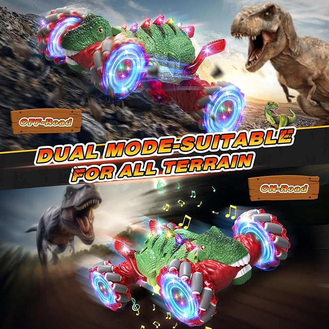 Remote Control CarDinosaur Toys car for Kids2.4GHz LED Gesture Sensing RC Car4WD Rotation RC Stunt Car with Lights and MusicDino Toys for Kids Ages 3 4 5 6 7 Gifts for Boys Girls(Red)