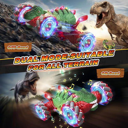 Remote Control CarDinosaur Toys car for Kids2.4GHz LED Gesture Sensing RC Car4WD Rotation RC Stunt Car with Lights and MusicDino Toys for Kids Ages 3 4 5 6 7 Gifts for Boys Girls(Red)
