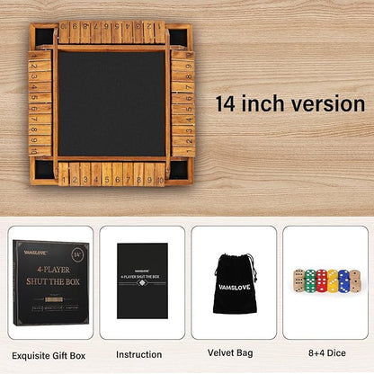 VAMSLOVE Upgraded 14 inches Shut The Box Dice Game Wooden Board Table Math Game with 8+4 Dice for 2-4 Player 4-Sided 10 Number Close The Box for Kids and Adult-Instruction Included